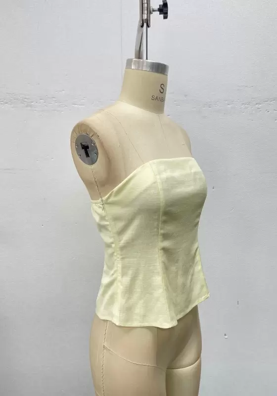Women Light Yellow Tailored Tube Top Corset Design Elegant Casual OL Workwear Padded Sleeveless Blouse