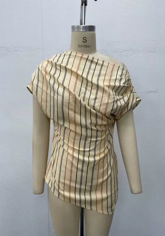 Women Beige Striped Tailored Top Off Shoulder Asymmetric Hem Elegant Summer Casual Holiday Resort Wear Shirt