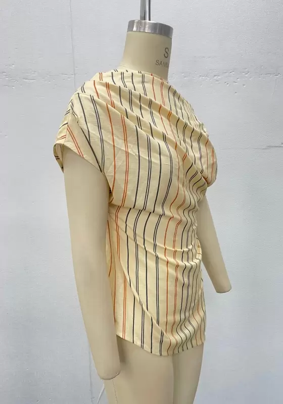 Women Beige Striped Tailored Top Off Shoulder Asymmetric Hem Elegant Summer Casual Holiday Resort Wear Shirt