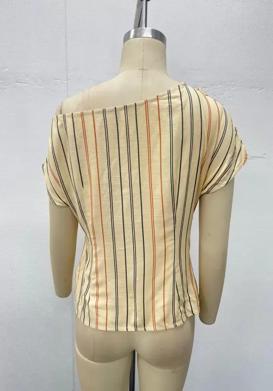 Women Beige Striped Tailored Top Off Shoulder Asymmetric Hem Elegant Summer Casual Holiday Resort Wear Shirt