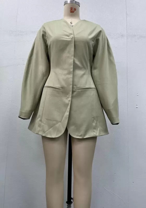 Women Light Green V-Neck Blazer Puff Sleeves Cinched Waist Elegant Casual OL Workwear Padded Jacket