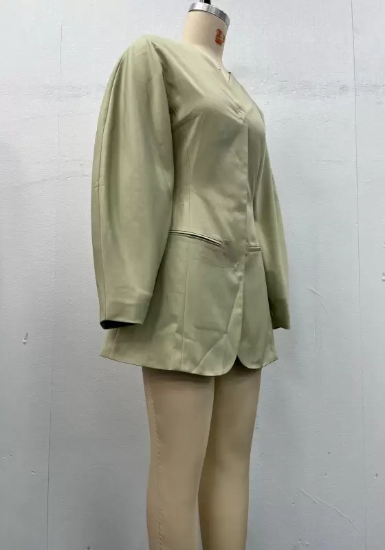 Women Light Green V-Neck Blazer Puff Sleeves Cinched Waist Elegant Casual OL Workwear Padded Jacket