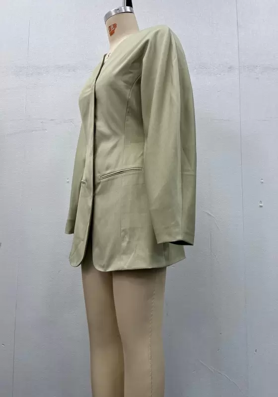 Women Light Green V-Neck Blazer Puff Sleeves Cinched Waist Elegant Casual OL Workwear Padded Jacket