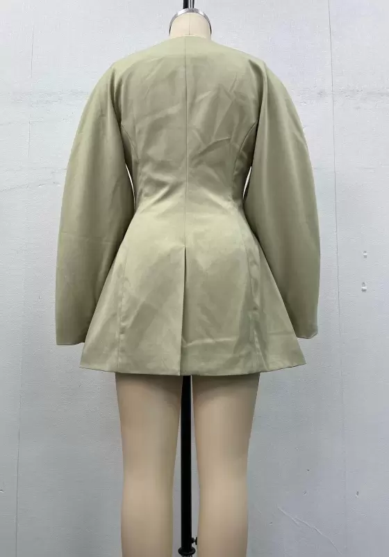 Women Light Green V-Neck Blazer Puff Sleeves Cinched Waist Elegant Casual OL Workwear Padded Jacket