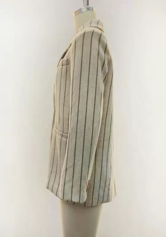 Women Beige Stripe Blazer One Button Loose Fit Long Sleeve Vintage Casual OL Workwear Padded Jacket