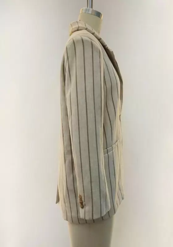 Women Beige Stripe Blazer One Button Loose Fit Long Sleeve Vintage Casual OL Workwear Padded Jacket