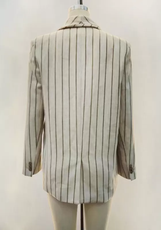 Women Beige Stripe Blazer One Button Loose Fit Long Sleeve Vintage Casual OL Workwear Padded Jacket