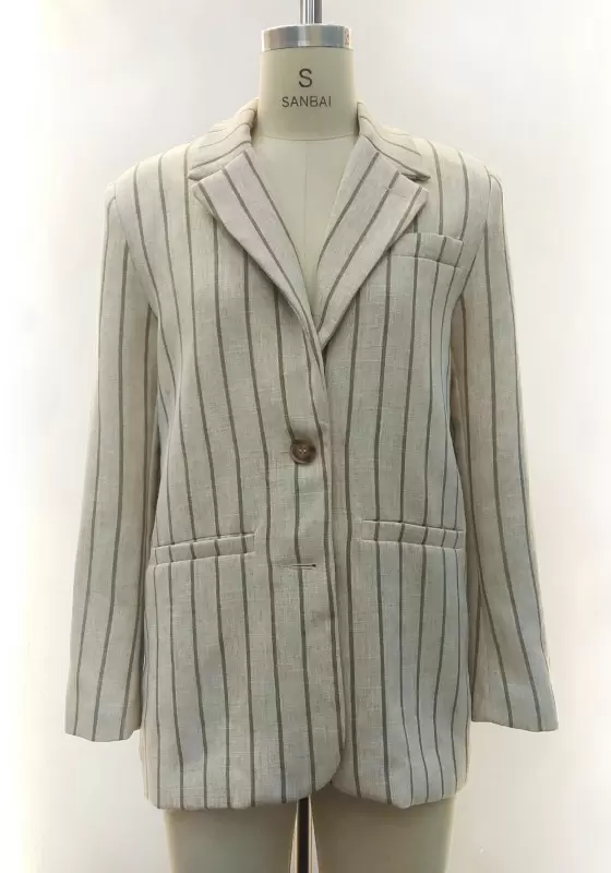 Women Beige Stripe Blazer One Button Loose Fit Long Sleeve Vintage Casual OL Workwear Padded Jacket