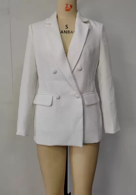 Women's White Textured Waffle Blazer - Long Sleeve Double-Breasted Notched Lapel Blazer Elegant Office Workwear Jacket