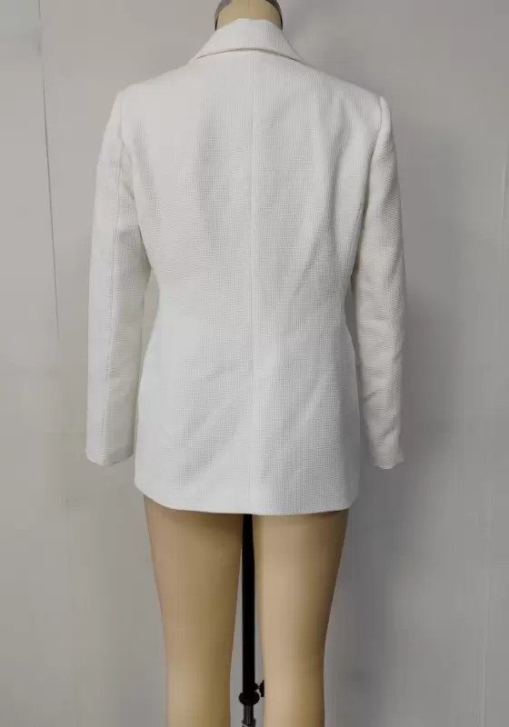 Women's White Textured Waffle Blazer - Long Sleeve Double-Breasted Notched Lapel Blazer Elegant Office Workwear Jacket