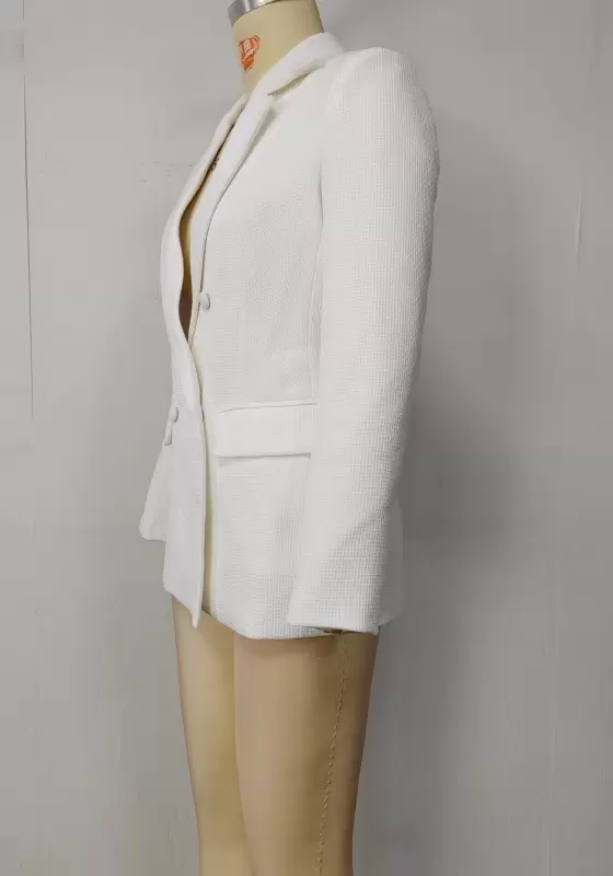 Women's White Textured Waffle Blazer - Long Sleeve Double-Breasted Notched Lapel Blazer Elegant Office Workwear Jacket