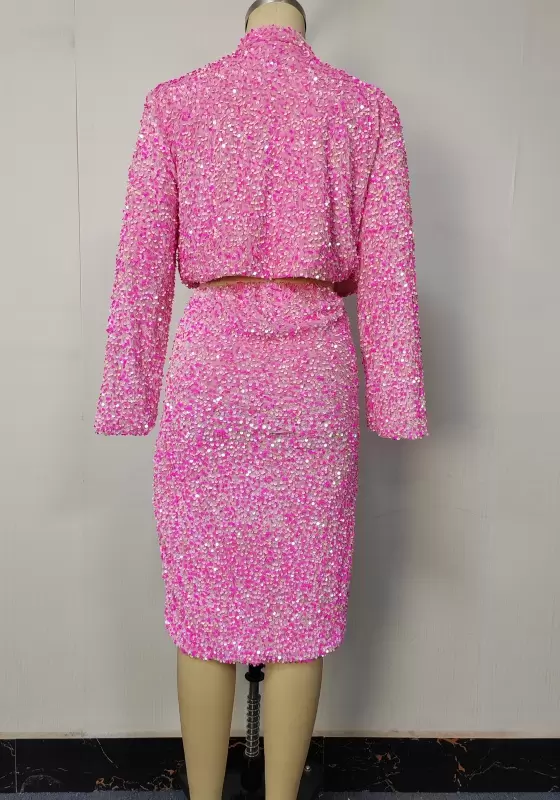 Women Pink Sequin Blazer Skirt Set Long Sleeve Elegant Party Evening Wedding Formal Business Two Piece Outfit