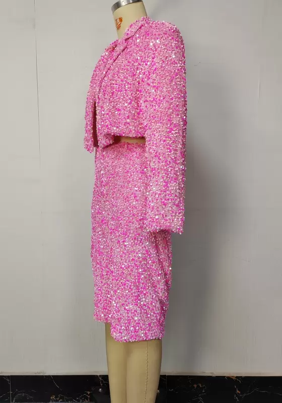Women Pink Sequin Blazer Skirt Set Long Sleeve Elegant Party Evening Wedding Formal Business Two Piece Outfit