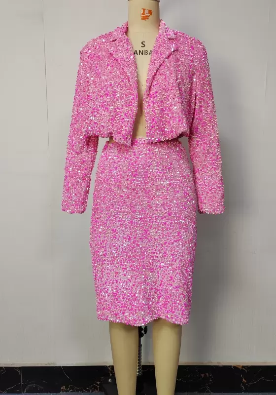 Women Pink Sequin Blazer Skirt Set Long Sleeve Elegant Party Evening Wedding Formal Business Two Piece Outfit