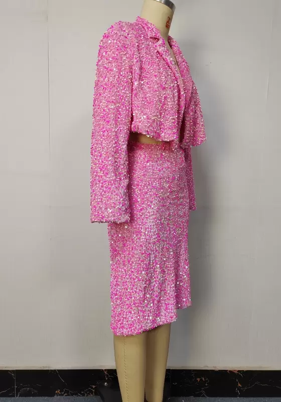 Women Pink Sequin Blazer Skirt Set Long Sleeve Elegant Party Evening Wedding Formal Business Two Piece Outfit