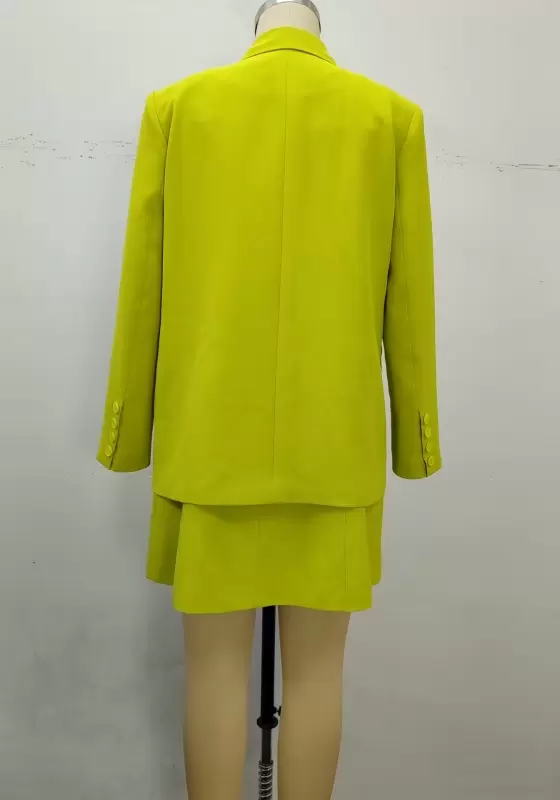 Women's Mustard Green Two-Piece Blazer Skirt Set - Double-Breasted Long Sleeve Blazer and Mini Skirt Set Elegant Office Workwear