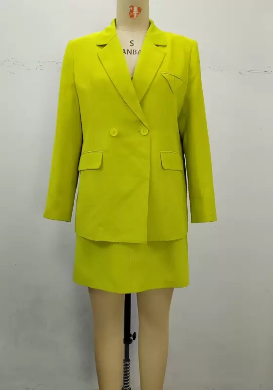 Women's Mustard Green Two-Piece Blazer Skirt Set - Double-Breasted Long Sleeve Blazer and Mini Skirt Set Elegant Office Workwear