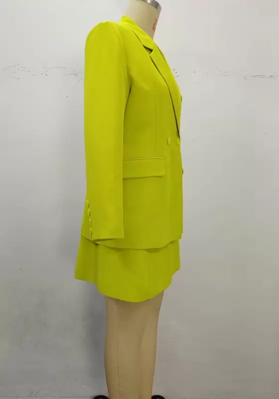 Women's Mustard Green Two-Piece Blazer Skirt Set - Double-Breasted Long Sleeve Blazer and Mini Skirt Set Elegant Office Workwear