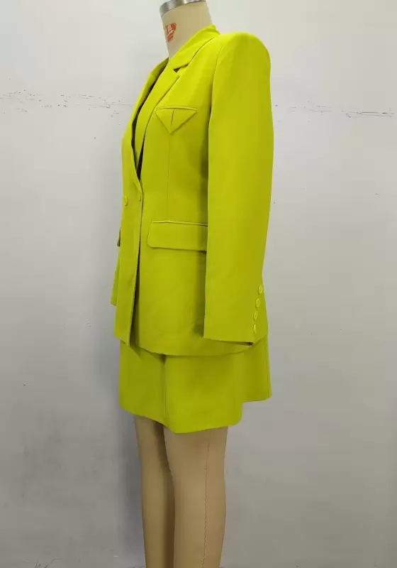 Women's Mustard Green Two-Piece Blazer Skirt Set - Double-Breasted Long Sleeve Blazer and Mini Skirt Set Elegant Office Workwear