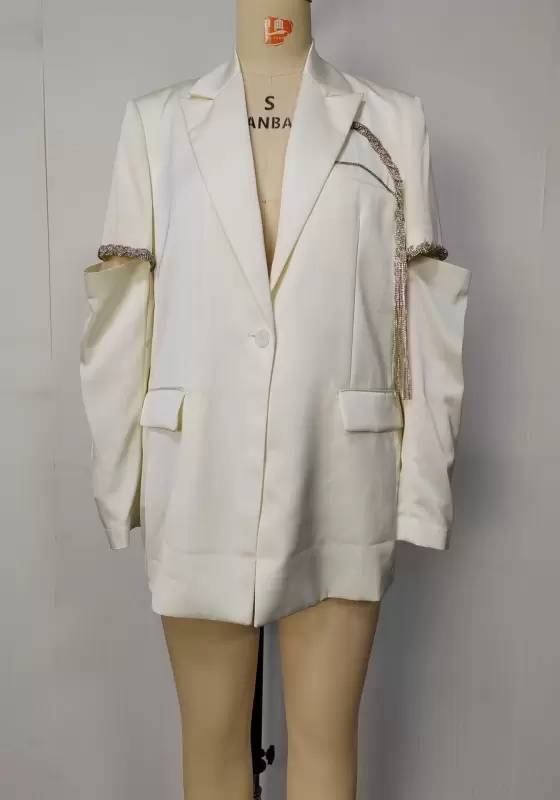Women's White Cut-Out Sleeve Blazer - Single-Breasted Blazer Jacket with Tassel Chain Trim Elegant Party Workwear