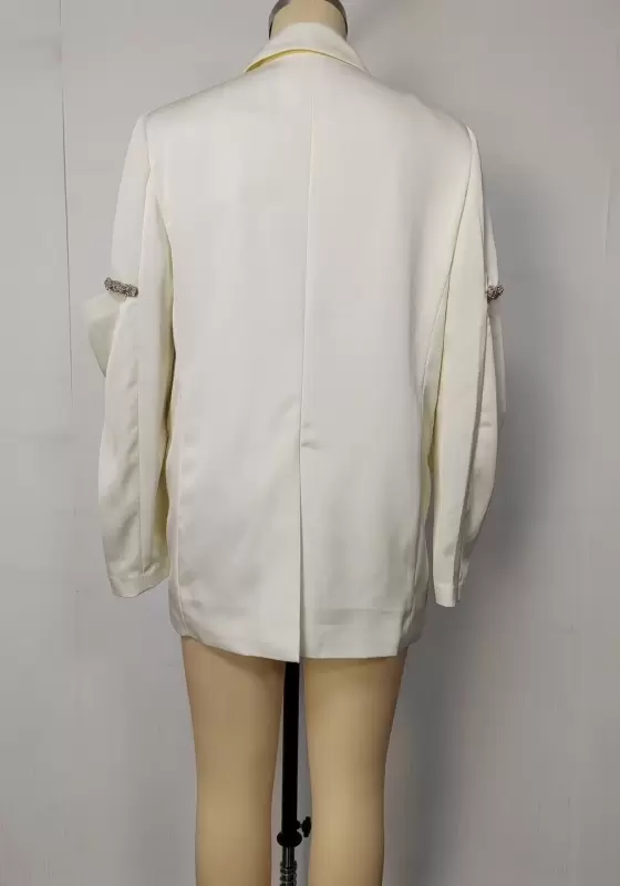 Women's White Cut-Out Sleeve Blazer - Single-Breasted Blazer Jacket with Tassel Chain Trim Elegant Party Workwear