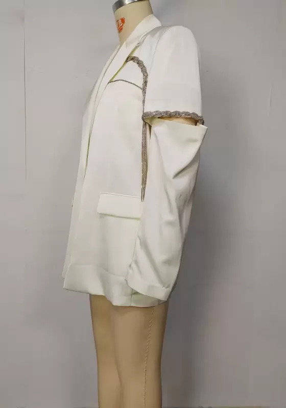 Women's White Cut-Out Sleeve Blazer - Single-Breasted Blazer Jacket with Tassel Chain Trim Elegant Party Workwear