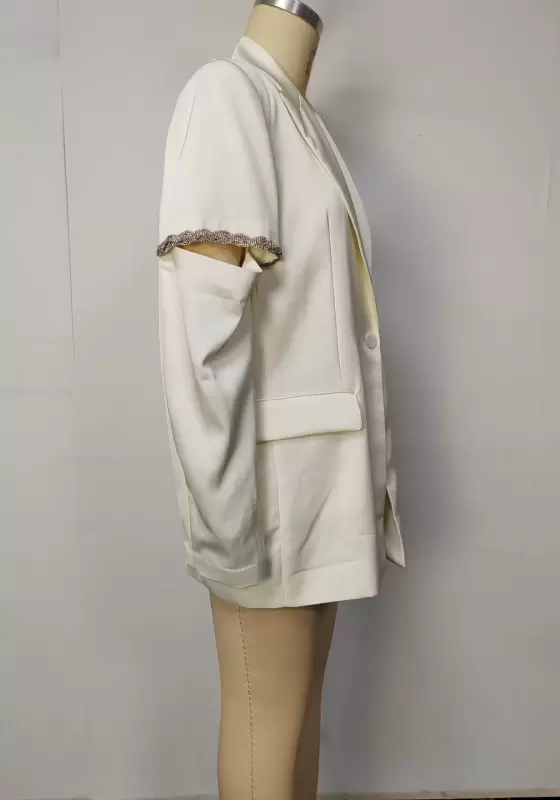 Women's White Cut-Out Sleeve Blazer - Single-Breasted Blazer Jacket with Tassel Chain Trim Elegant Party Workwear