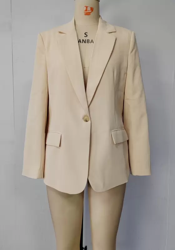 Women's Apricot Beige Single-Breasted Blazer - Long Sleeve Notched Lapel Blazer Jacket Elegant Classic Workwear Office Blazer