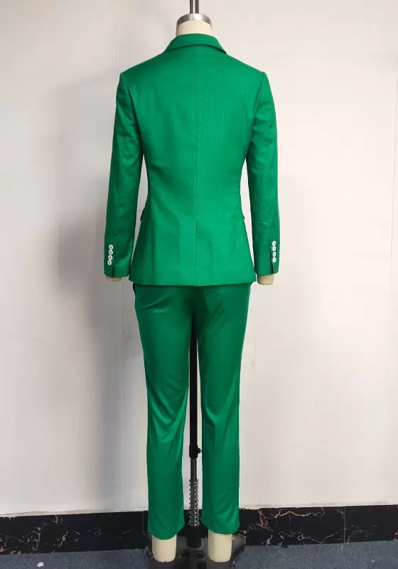 Women's Emerald Green Two-Piece Pants Suit - Double-Breasted Long Sleeve Blazer and Straight-Leg Trousers Set Elegant Office Workwear
