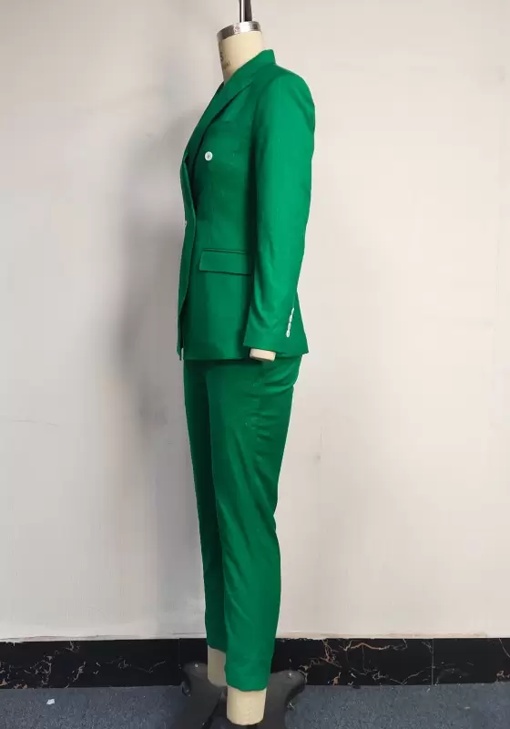 Women's Emerald Green Two-Piece Pants Suit - Double-Breasted Long Sleeve Blazer and Straight-Leg Trousers Set Elegant Office Workwear