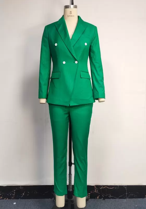 Women's Emerald Green Two-Piece Pants Suit - Double-Breasted Long Sleeve Blazer and Straight-Leg Trousers Set Elegant Office Workwear