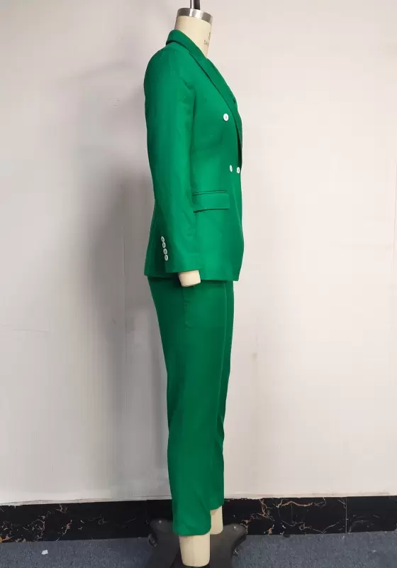 Women's Emerald Green Two-Piece Pants Suit - Double-Breasted Long Sleeve Blazer and Straight-Leg Trousers Set Elegant Office Workwear