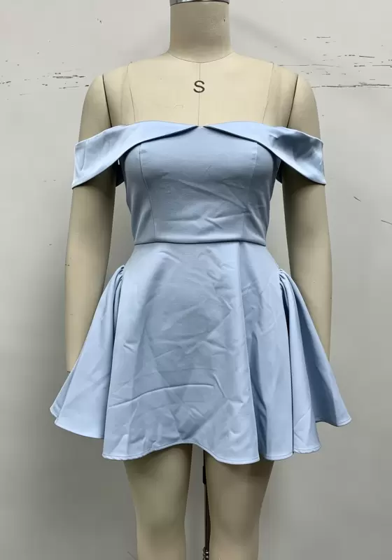 Women's Light Blue Off-the-Shoulder Mini Dress - Flared A-Line Pleated Cocktail Party Dress