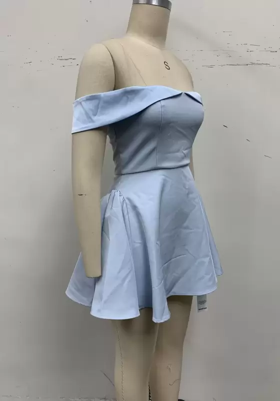 Women's Light Blue Off-the-Shoulder Mini Dress - Flared A-Line Pleated Cocktail Party Dress