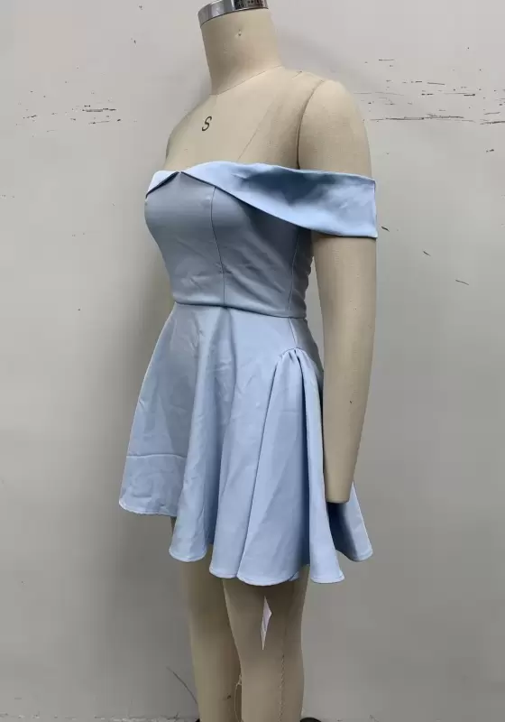 Women's Light Blue Off-the-Shoulder Mini Dress - Flared A-Line Pleated Cocktail Party Dress