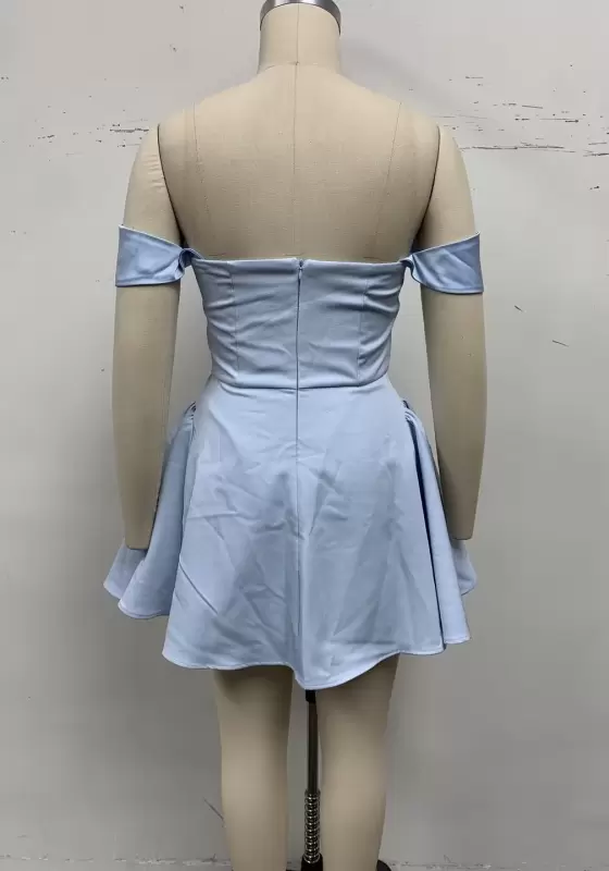 Women's Light Blue Off-the-Shoulder Mini Dress - Flared A-Line Pleated Cocktail Party Dress