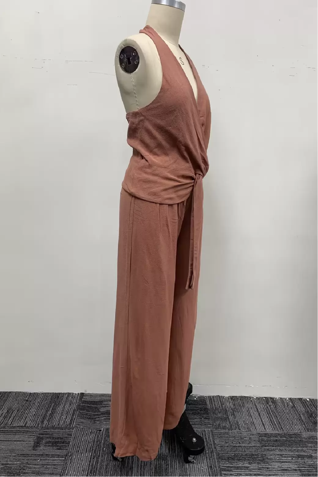 Women Dusty Rose Halter Neck Tie Waist Jumpsuit Wide Leg Pants One Piece Long Romper Outfit