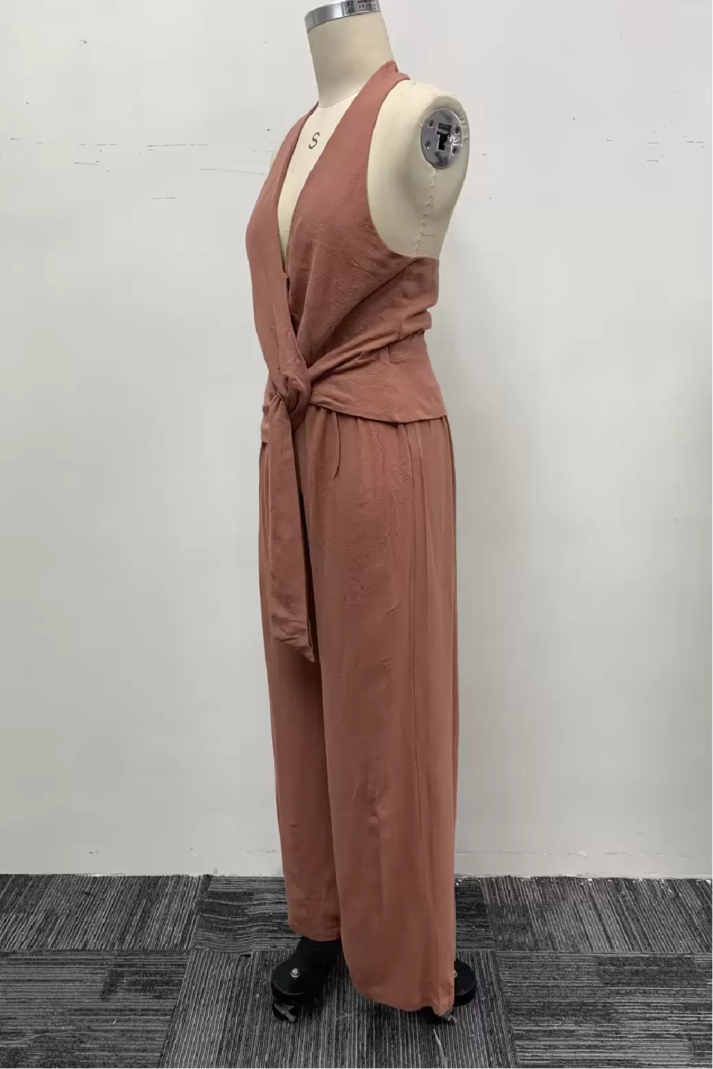 Women Dusty Rose Halter Neck Tie Waist Jumpsuit Wide Leg Pants One Piece Long Romper Outfit