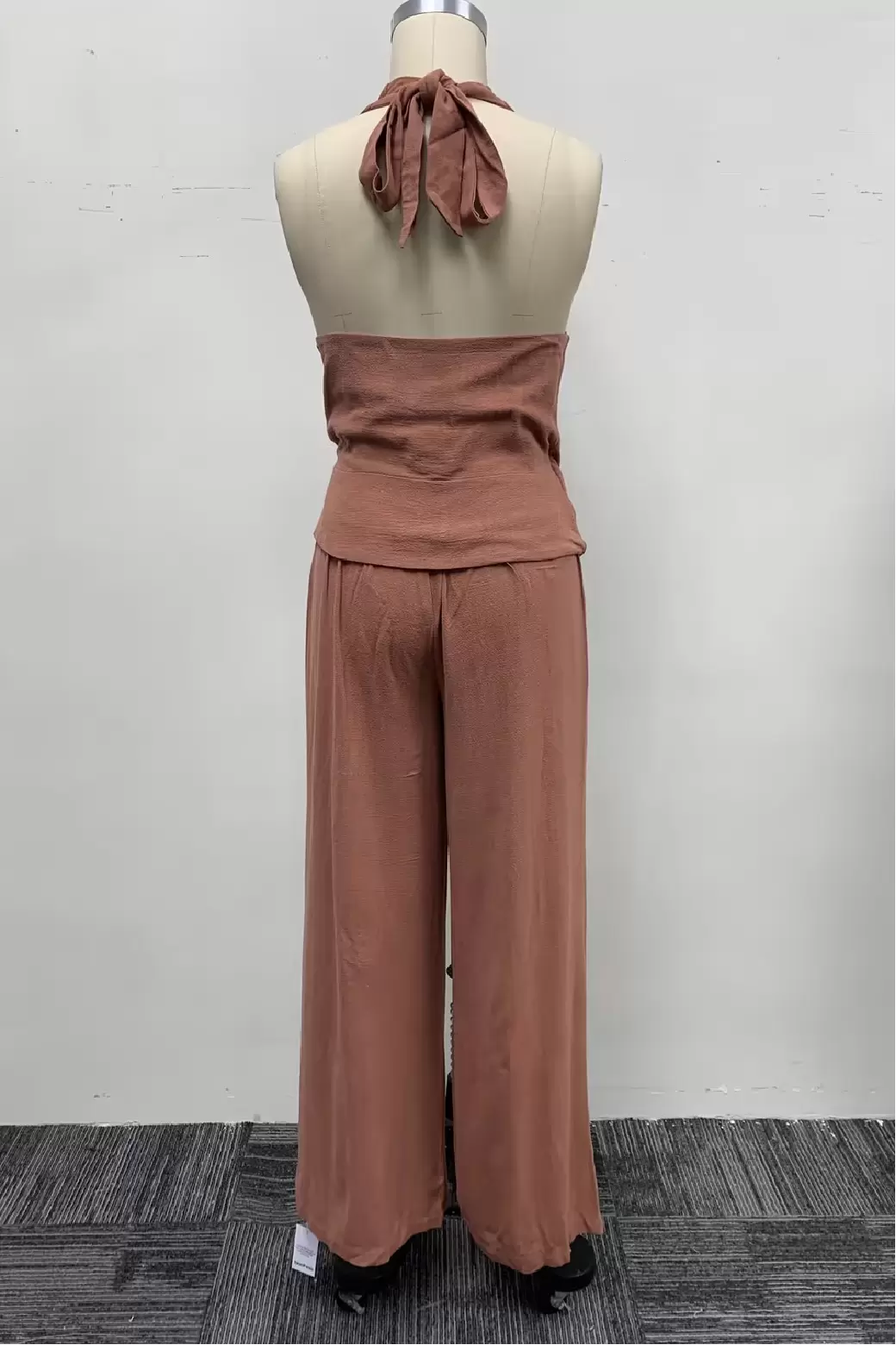 Women Dusty Rose Halter Neck Tie Waist Jumpsuit Wide Leg Pants One Piece Long Romper Outfit