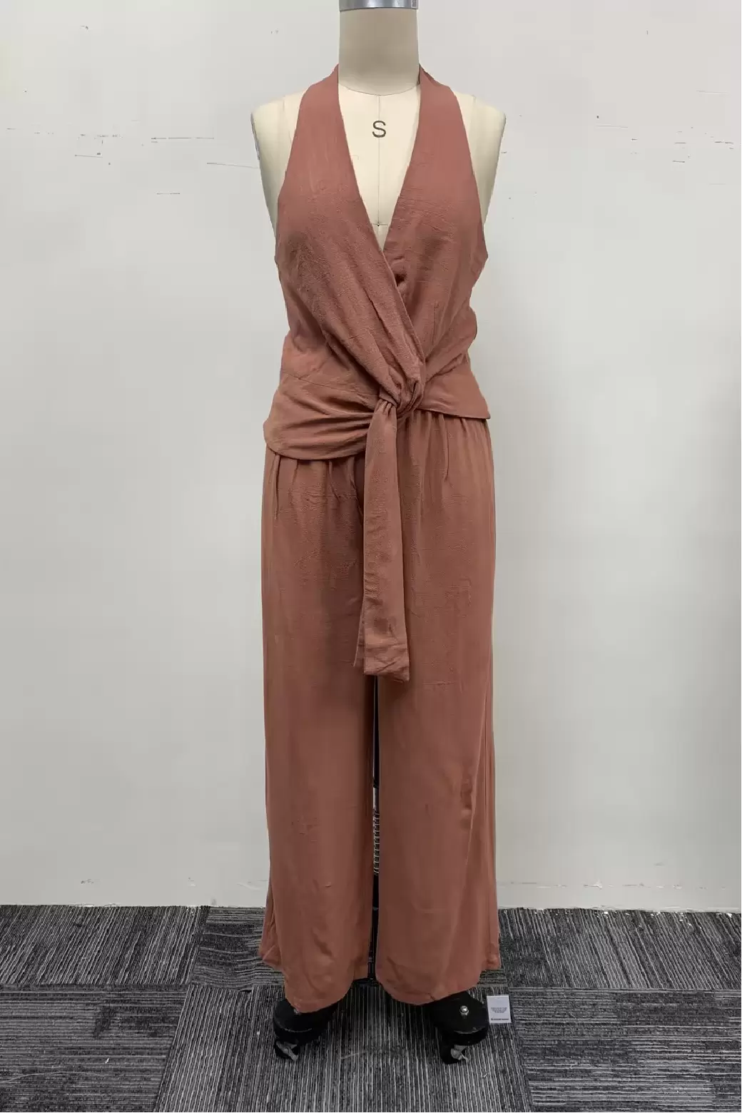 Women Dusty Rose Halter Neck Tie Waist Jumpsuit Wide Leg Pants One Piece Long Romper Outfit
