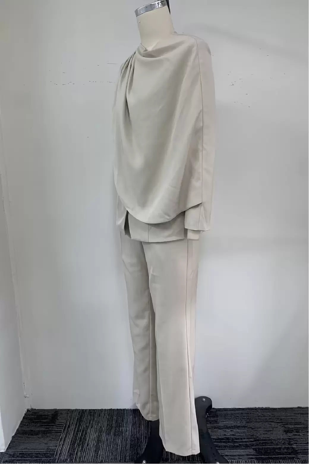 Women's Beige Draped Pleated Jacket Pant Suit - Asymmetric Shoulder Overlay Blazer Set