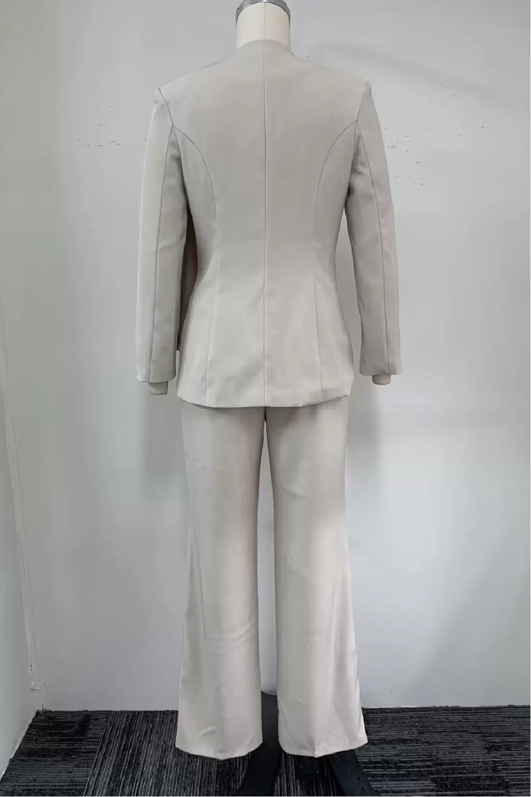 Women's Beige Draped Pleated Jacket Pant Suit - Asymmetric Shoulder Overlay Blazer Set