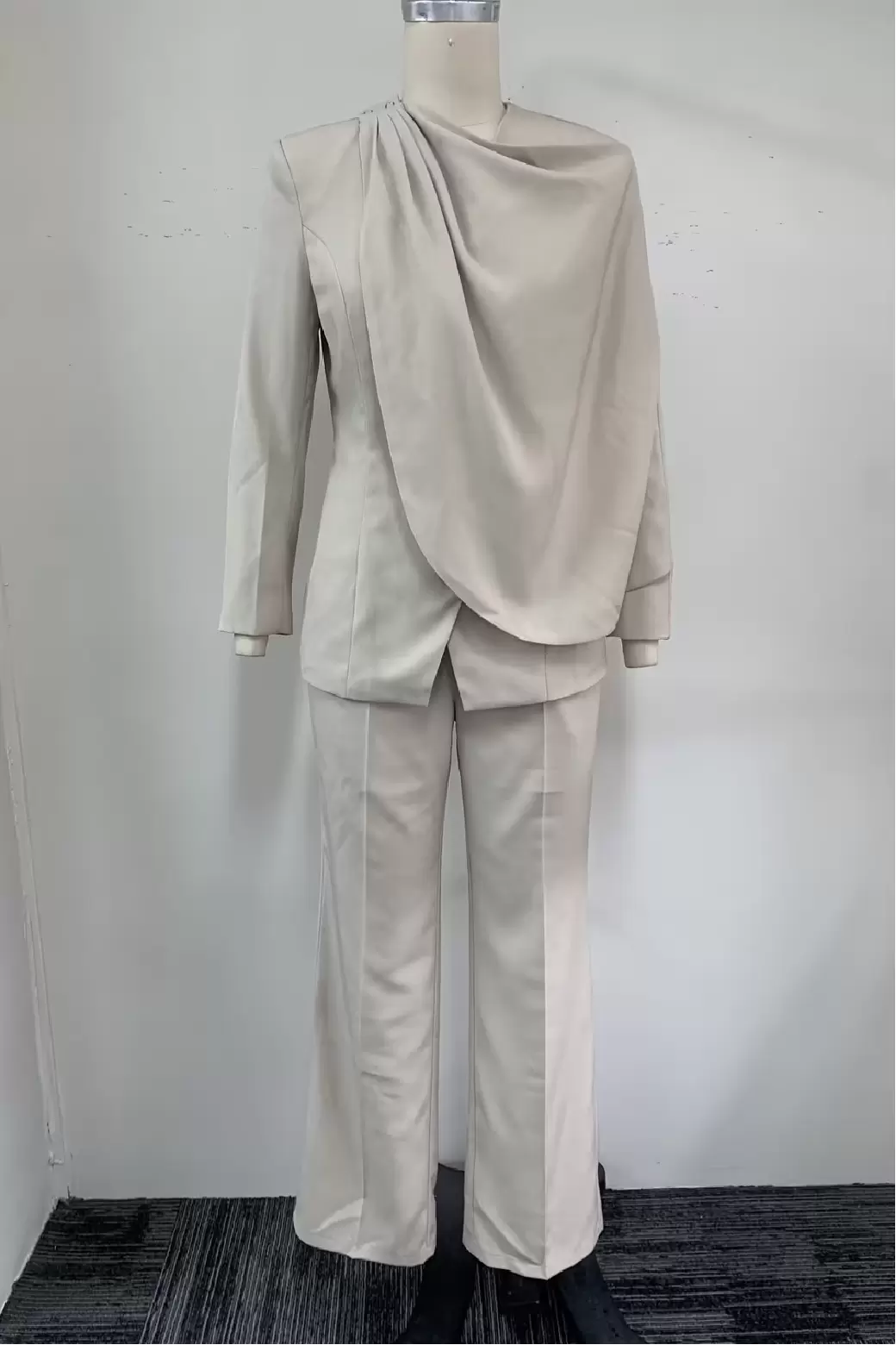 Women's Beige Draped Pleated Jacket Pant Suit - Asymmetric Shoulder Overlay Blazer Set