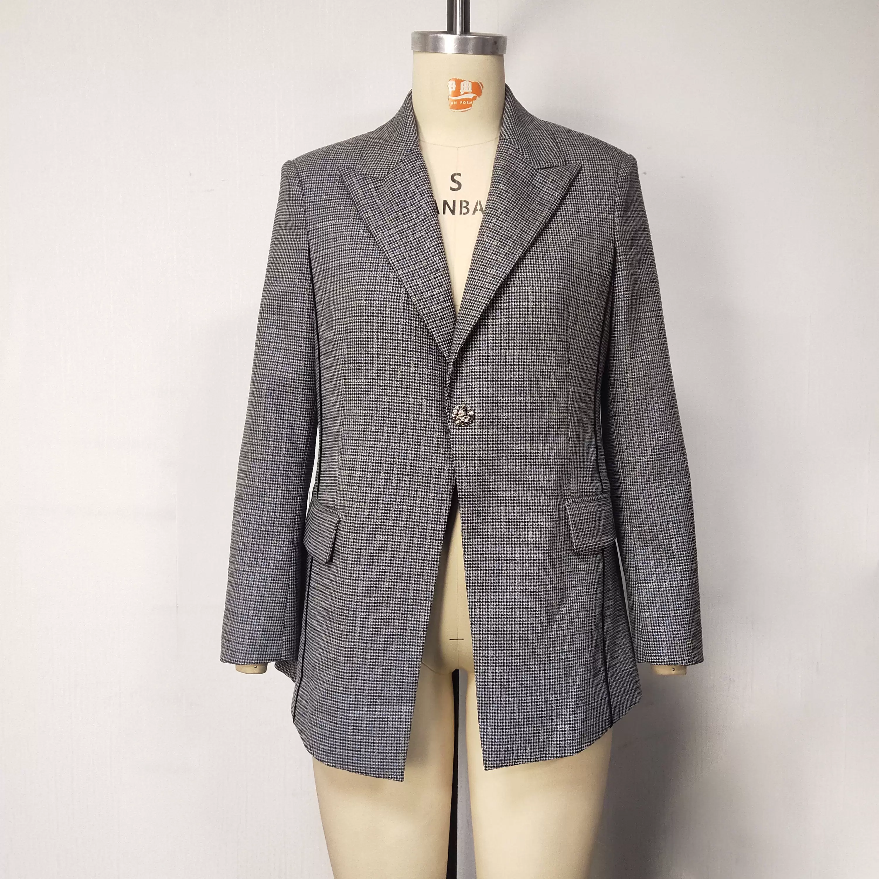 Women Grey Plaid Blazer Slim Fit Long Sleeve Notched Lapel Single Breasted Elegant Jacket