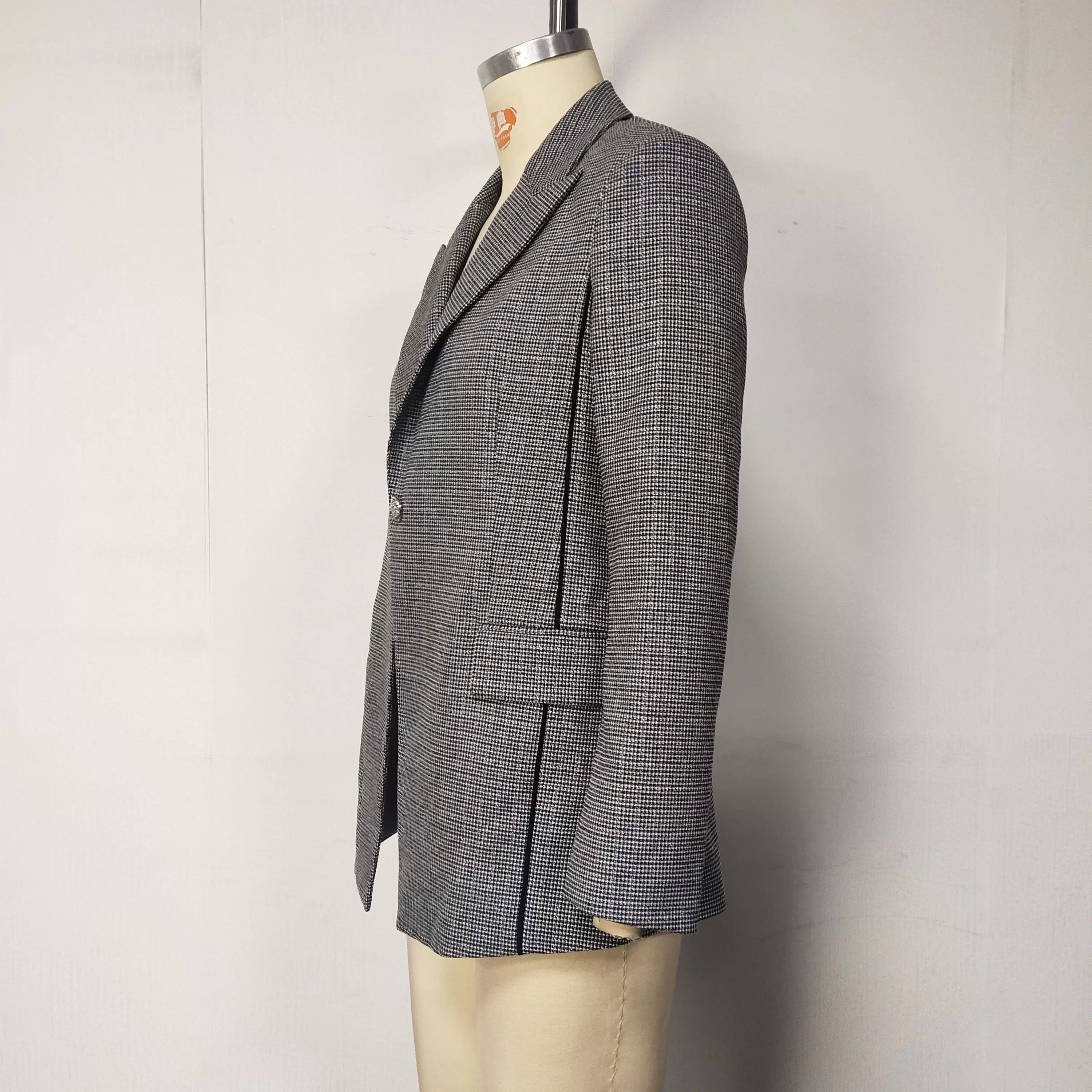 Women Grey Plaid Blazer Slim Fit Long Sleeve Notched Lapel Single Breasted Elegant Jacket