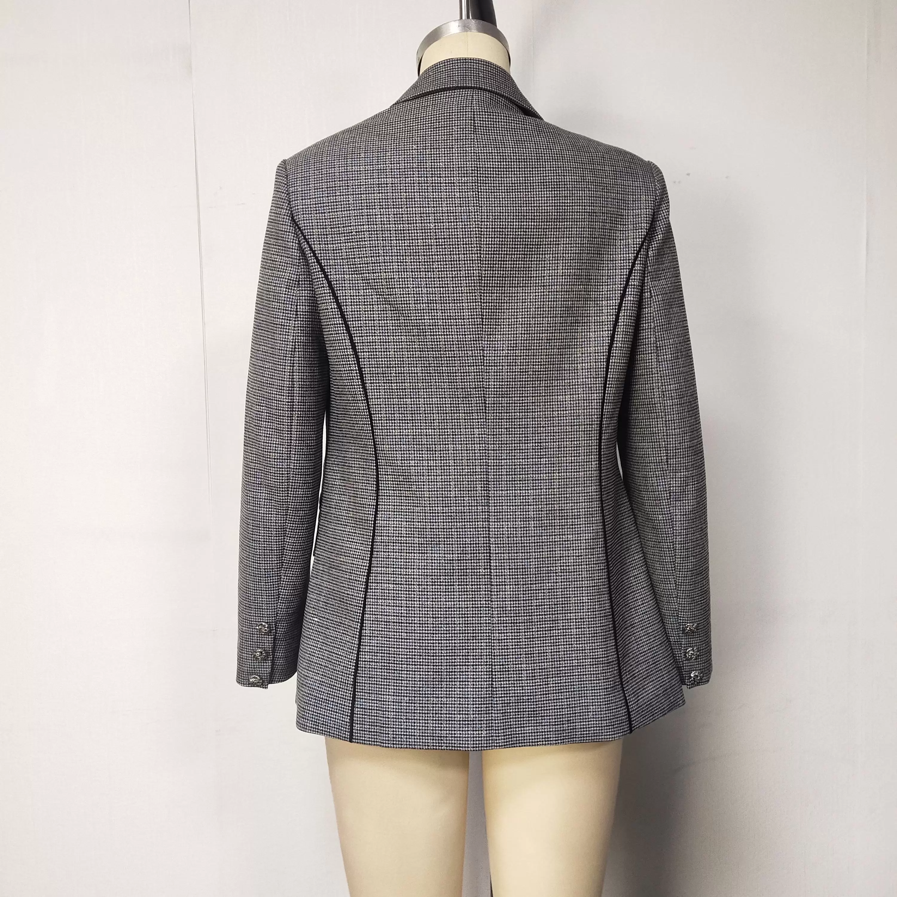 Women Grey Plaid Blazer Slim Fit Long Sleeve Notched Lapel Single Breasted Elegant Jacket