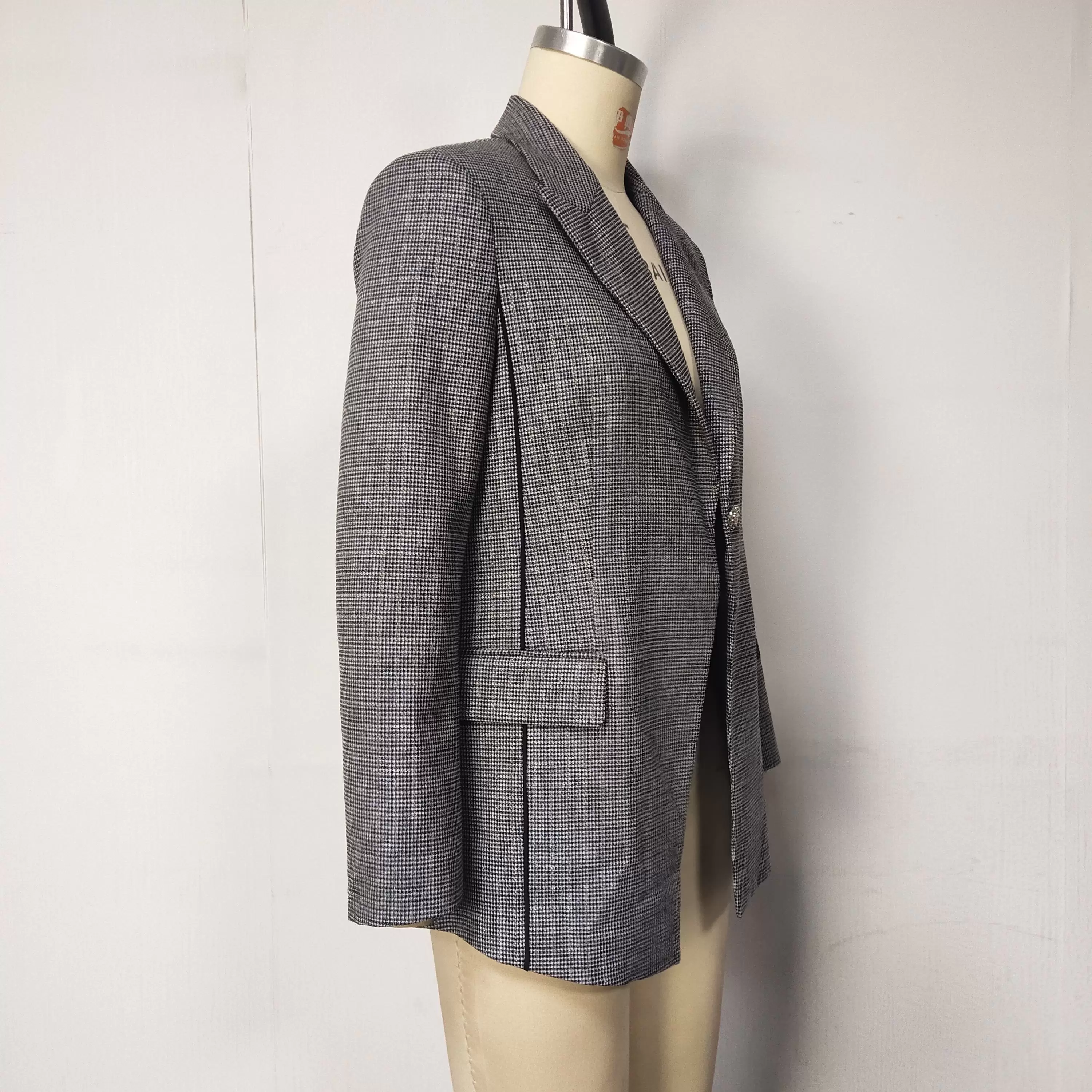 Women Grey Plaid Blazer Slim Fit Long Sleeve Notched Lapel Single Breasted Elegant Jacket