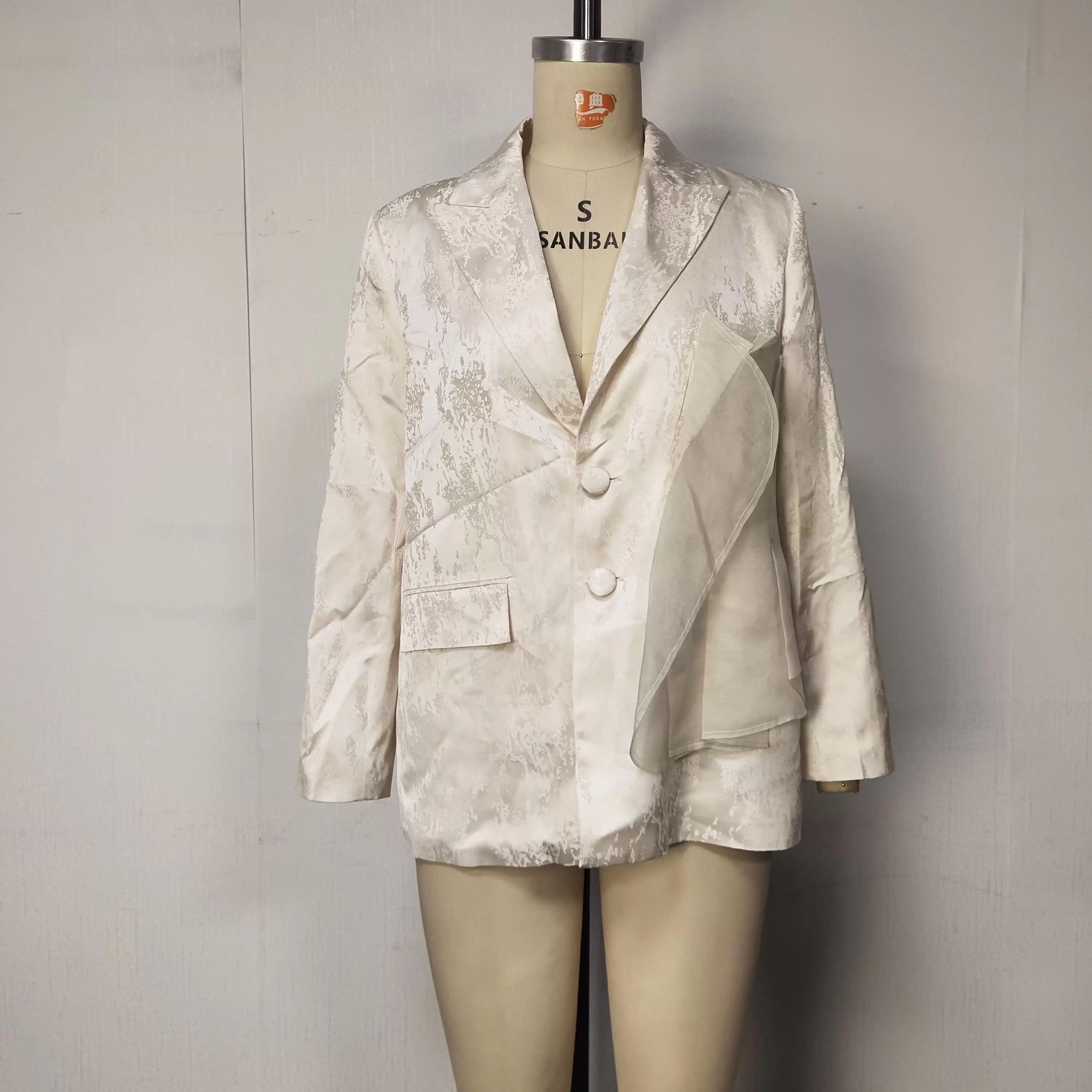 Women Beige Jacquard Blazer Slim Fit Long Sleeve V Neck Double Breasted Button Elegant Party Evening Jacket