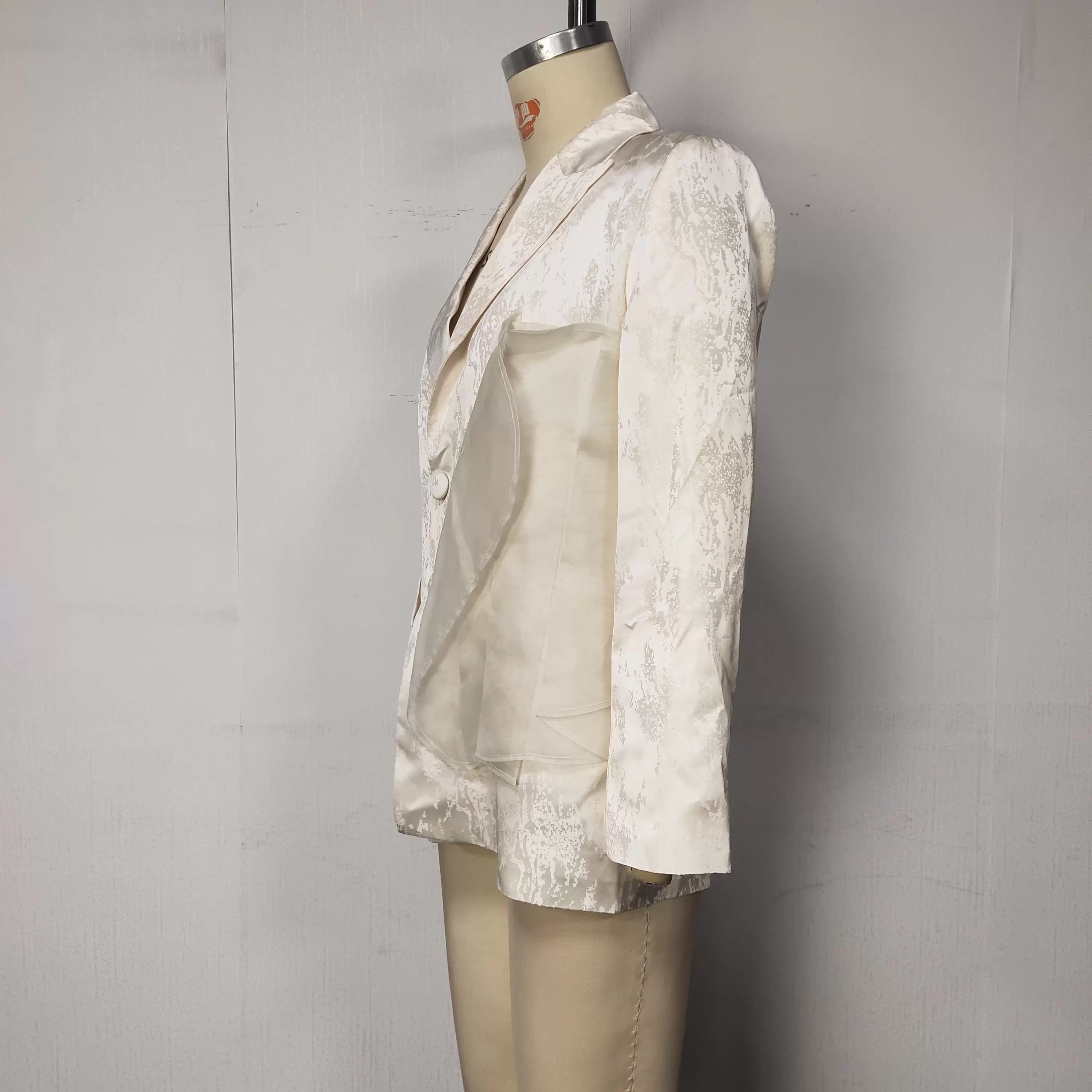 Women Beige Jacquard Blazer Slim Fit Long Sleeve V Neck Double Breasted Button Elegant Party Evening Jacket