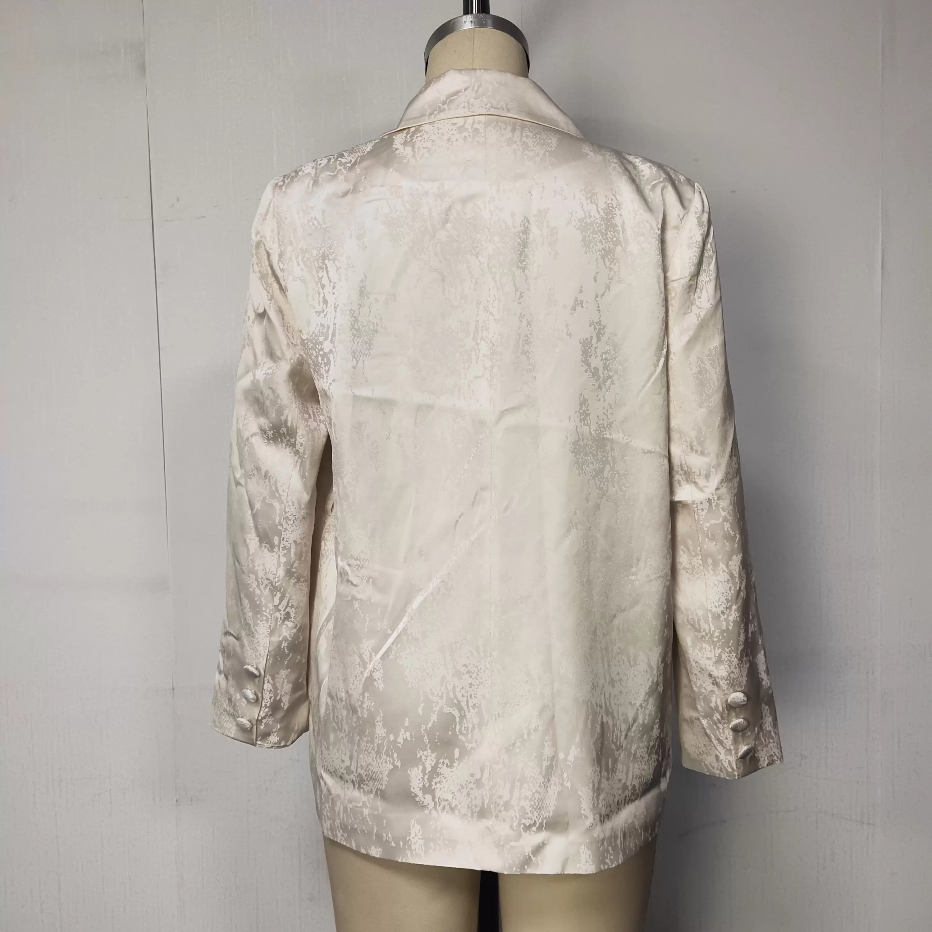 Women Beige Jacquard Blazer Slim Fit Long Sleeve V Neck Double Breasted Button Elegant Party Evening Jacket